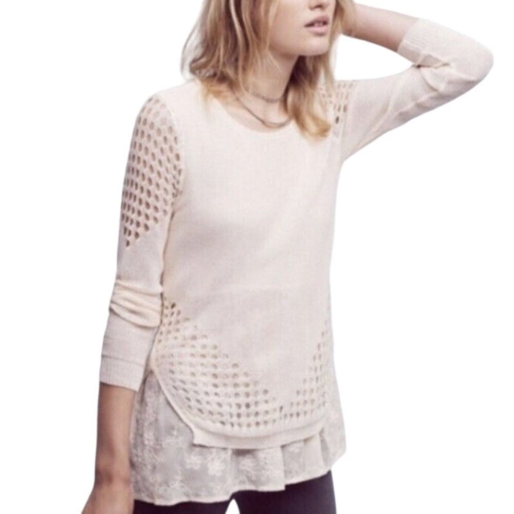 Anthropologie Sunday In Brooklyn Fiona Sweater Eyelet Layered Cream Medium